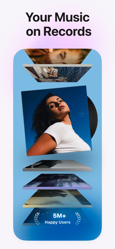 A stack of digital vinyl records showing aesthetic album art covers in the MD Vinyl app