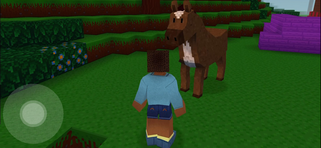 A player character standing in front of a large brown blocky horse in a green voxel field