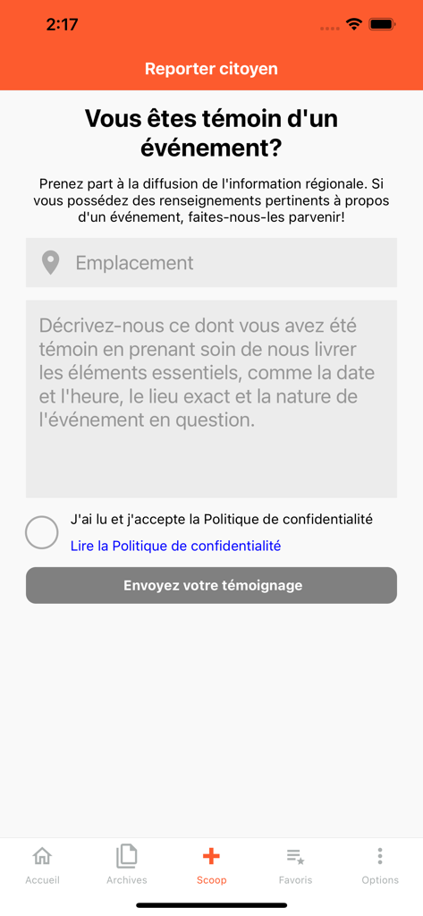 L’Oie Blanche - Interface mobile de l'application L'Oie Blanche montrant le formulaire de reporter citoyen Scoop pour soumettre des événements d'actualité locaux.