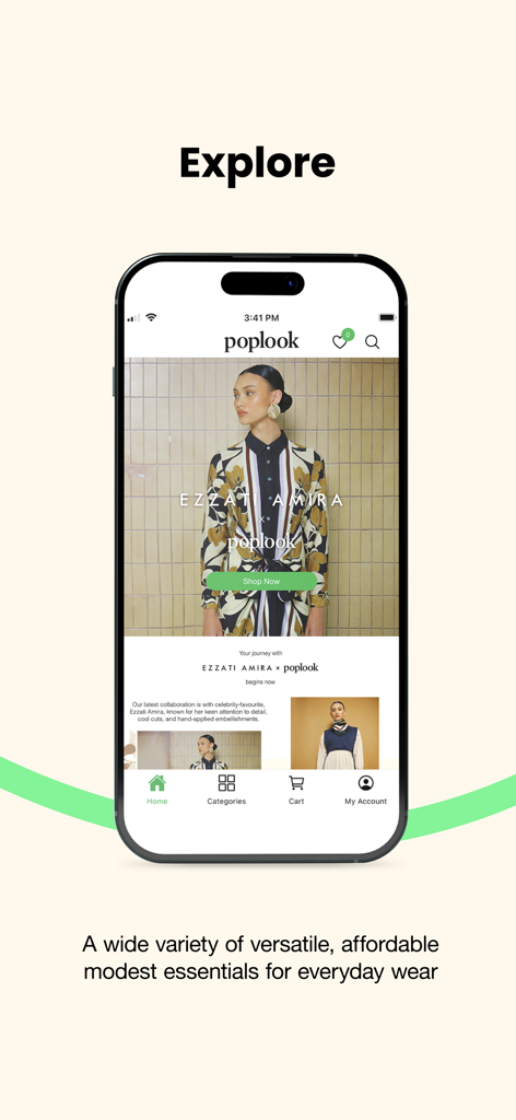 POPLOOK app interface displaying modest fashion essentials and designer collaborations.