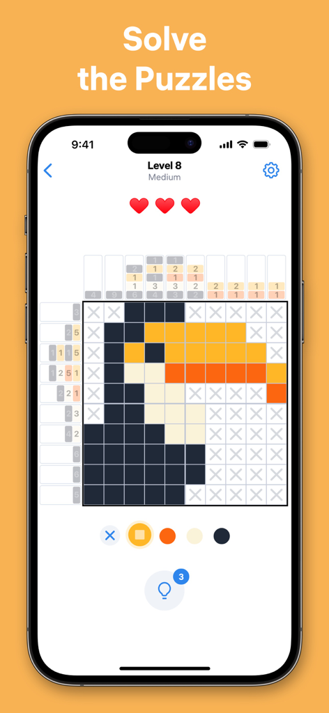 Nonogram.com Color: Logic Game - Un écran de téléphone mobile montrant un puzzle logique de nonogramme coloré qui révèle un oiseau en pixel art comme un toucan