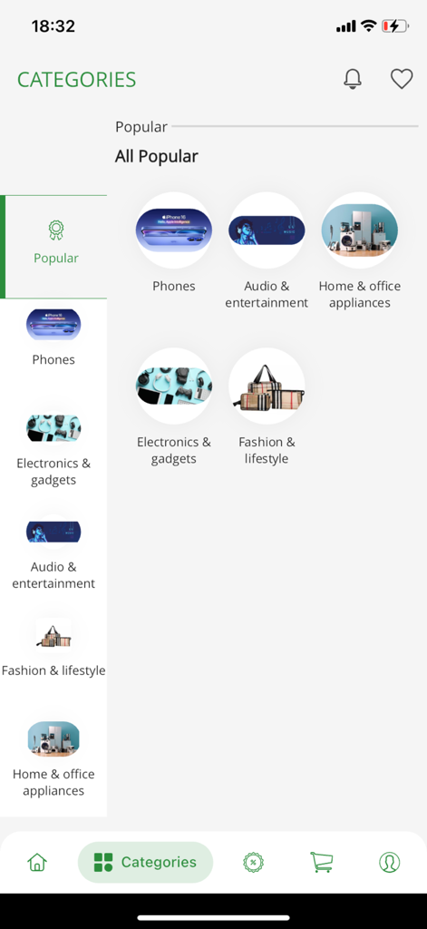 Mkinga Empire - The product categories screen of the Mkinga Empire app displaying options for phones fashion and home appliances