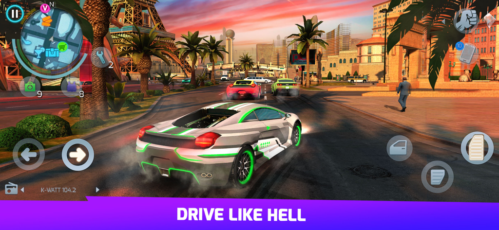 Gangstar Vegas - Mafia action - Un coche deportivo futurista blanco y verde compitiendo por las calles de Las Vegas en Gangstar Vegas