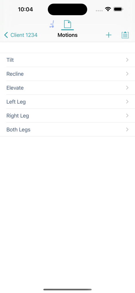 List of wheelchair motion adjustment options including tilt recline and elevate within the LiNX Access application