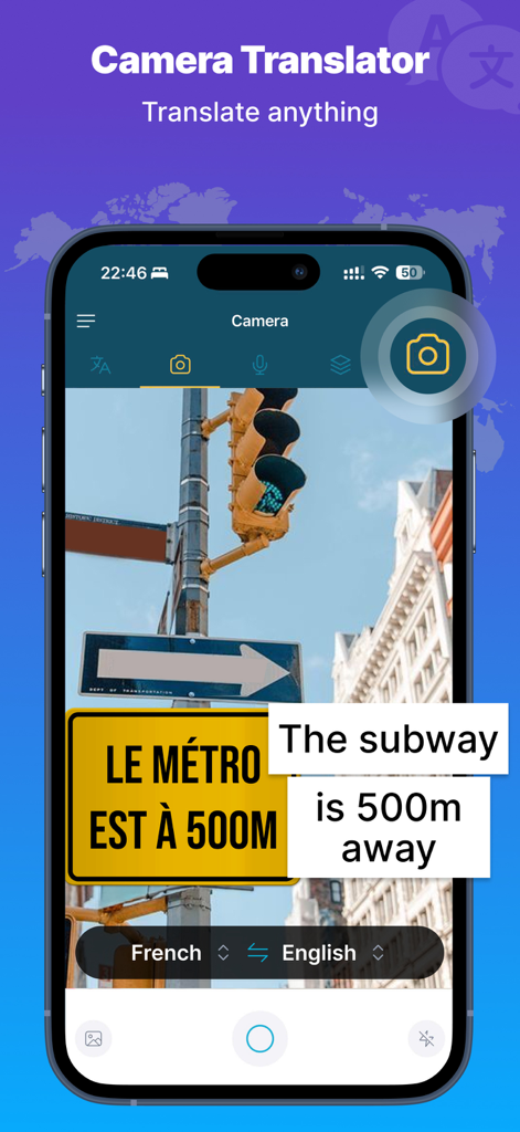 Screen Translator - Offline AZ - Smartphone screen showing camera translation of a French sign into English