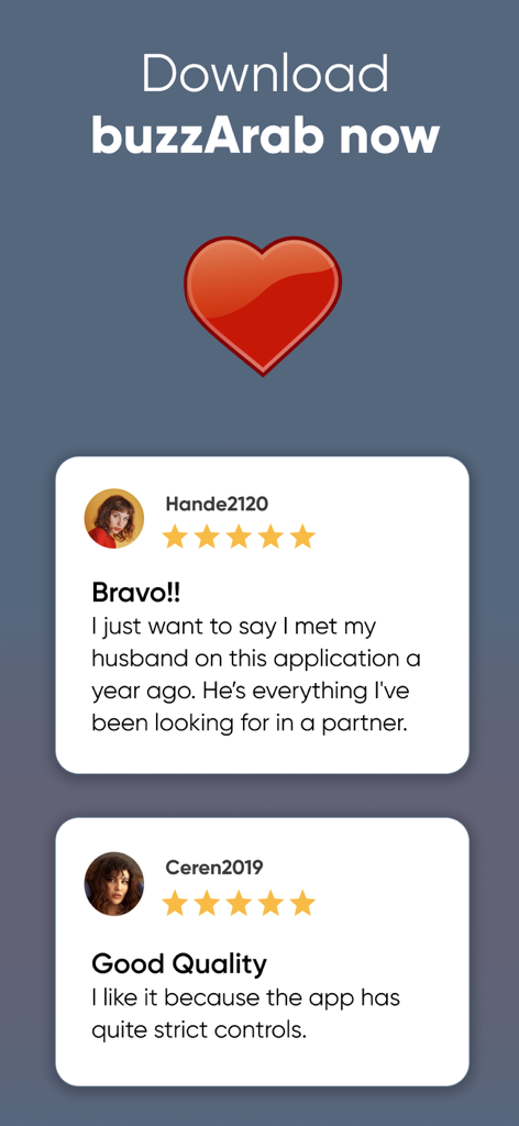 Two positive user reviews and five-star ratings for the buzzArab dating app highlighting a success story and app safety.