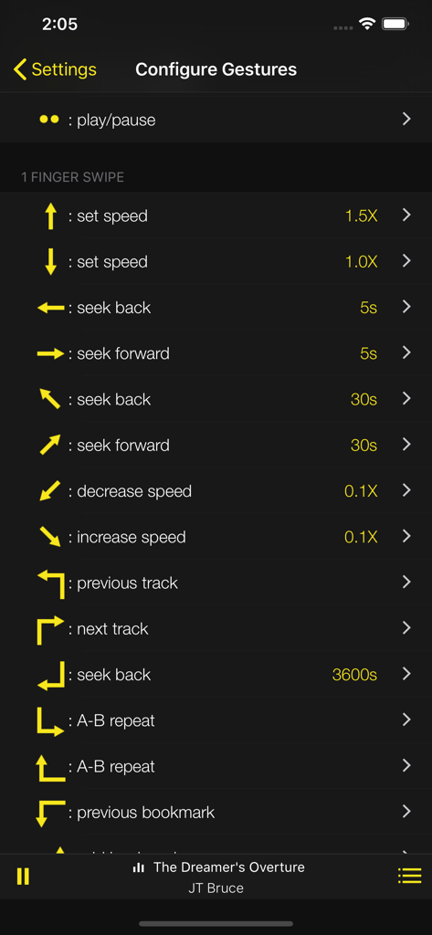 SpeedUp Player Pro + - A screenshot of the gesture configuration menu in SpeedUp Player Pro showing customizable swipe controls for playback speed and seeking.
