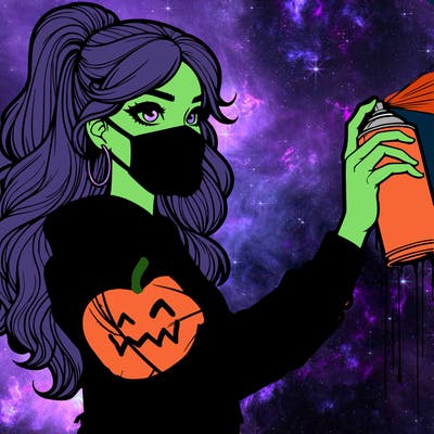 realistic girl with mask spray painting a wall