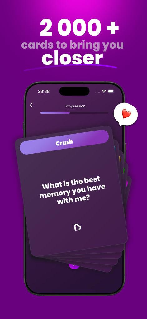 A conversation card in the Bloomy app asking about shared memories to bring couples closer.