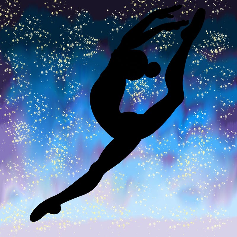 gymnast doing a leap in a leotard with a bent back leg