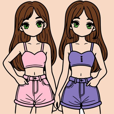 two sisters with crop tops and jean shorts and straight hair
