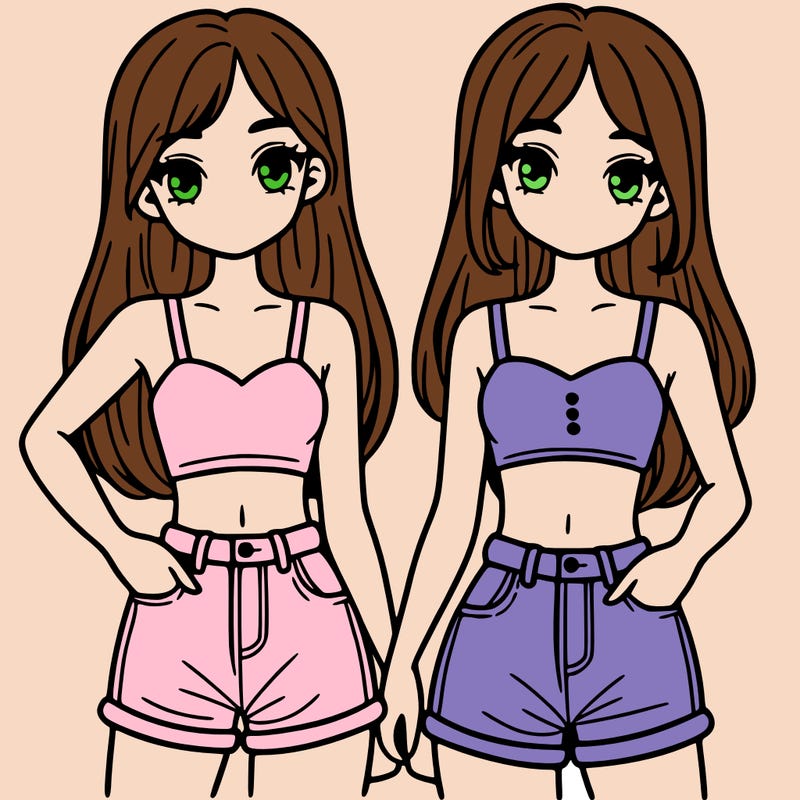 two sisters with crop tops and jean shorts and straight hair