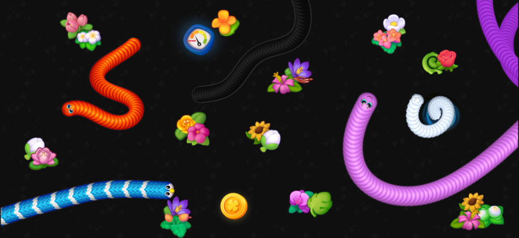 Snake Game - Worms io Zone - Colorful snakes and worms crawling among flowers and power ups in a snake game arena