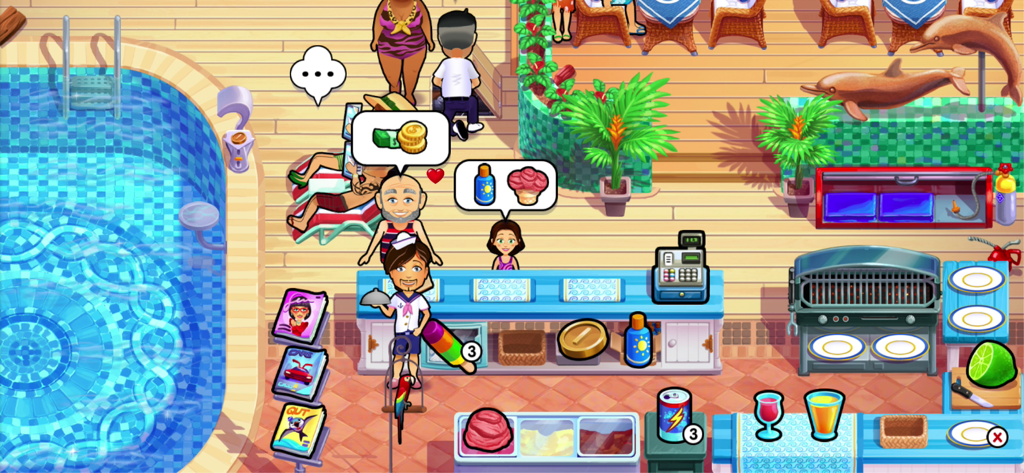 Delicious - Honeymoon Cruise - A time management gameplay scene from Delicious Honeymoon Cruise featuring characters serving customers at a poolside bar on a cruise ship