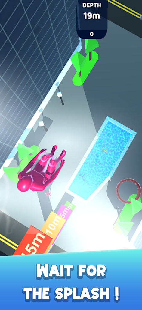 A pink character performing a high dive towards a swimming pool in Flip and Dive 3D.