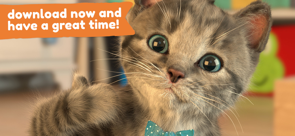 Little Kitten: Virtual Pet Cat - 青い蝶ネクタイをつけたリアルな3Dのグレーの子猫と、今すぐダウンロードのバナー