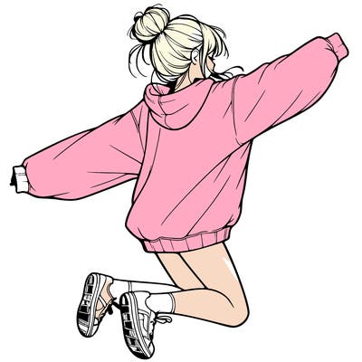 realistic girl jumping with a bun and oversized sweatshirt
