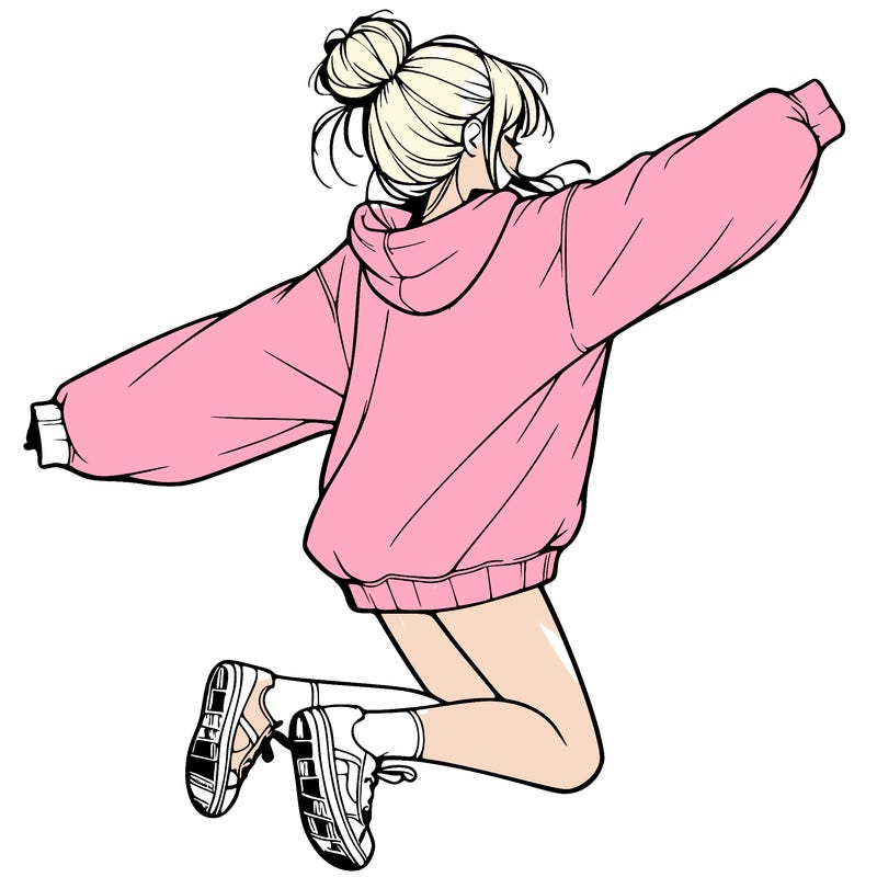 realistic girl jumping with a bun and oversized sweatshirt