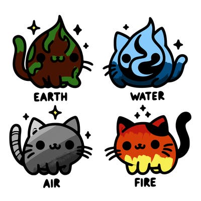 4 cats that represent the different elements, earth, water, air, and fire