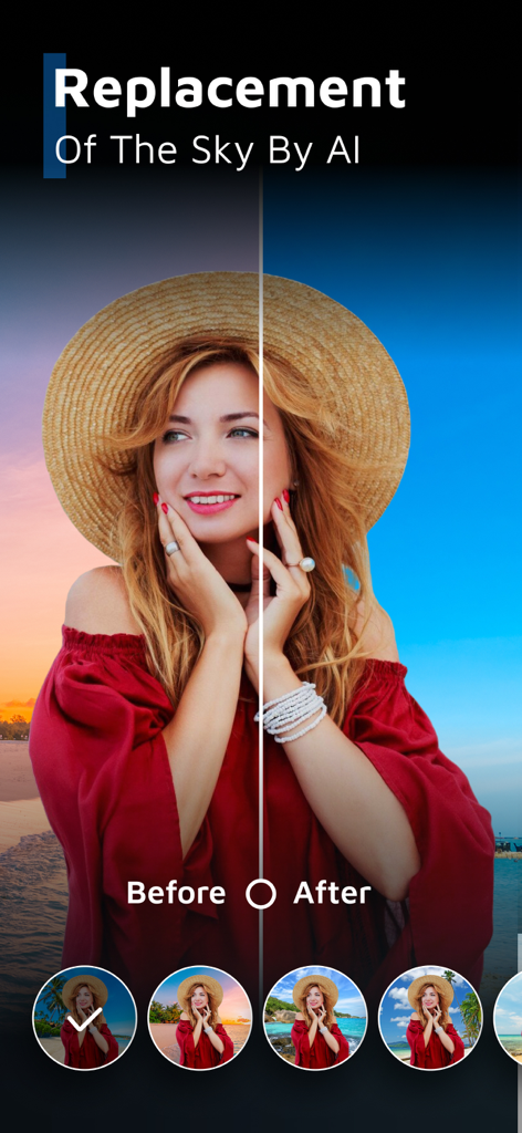 AI Sky Replacement Sky Changer - A before and after comparison of a beach photo showing the sky replacement feature using AI