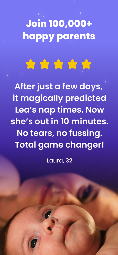 Happy Baby - Sleep & Tracker - A five star user review for the Happy Baby sleep tracker app featuring a testimonial and a smiling baby.