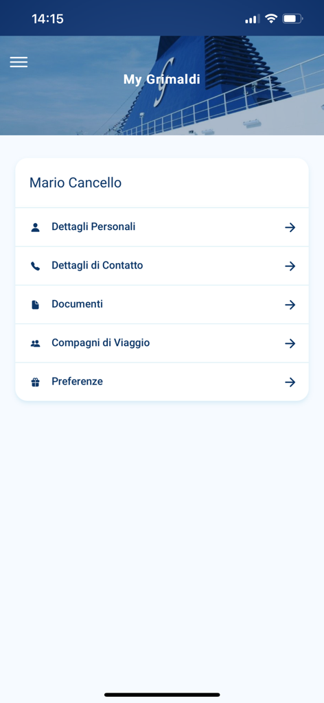 User profile section of the Grimaldi Lines app showing personal and contact details options