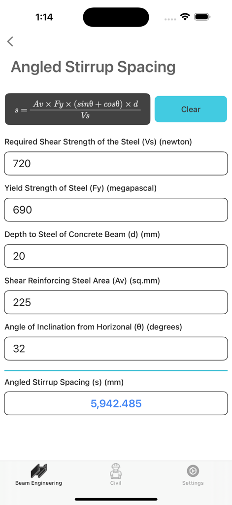 Screenshot of the angled stirrup spacing calculator interface in the Beam Engineering lite app showing input fields and a calculated result.