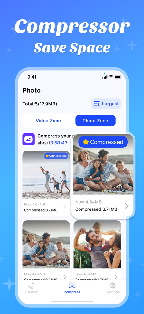 Interfaz de la aplicación Amor Cleaner que muestra la función de compresión de fotos para ahorrar espacio de almacenamiento