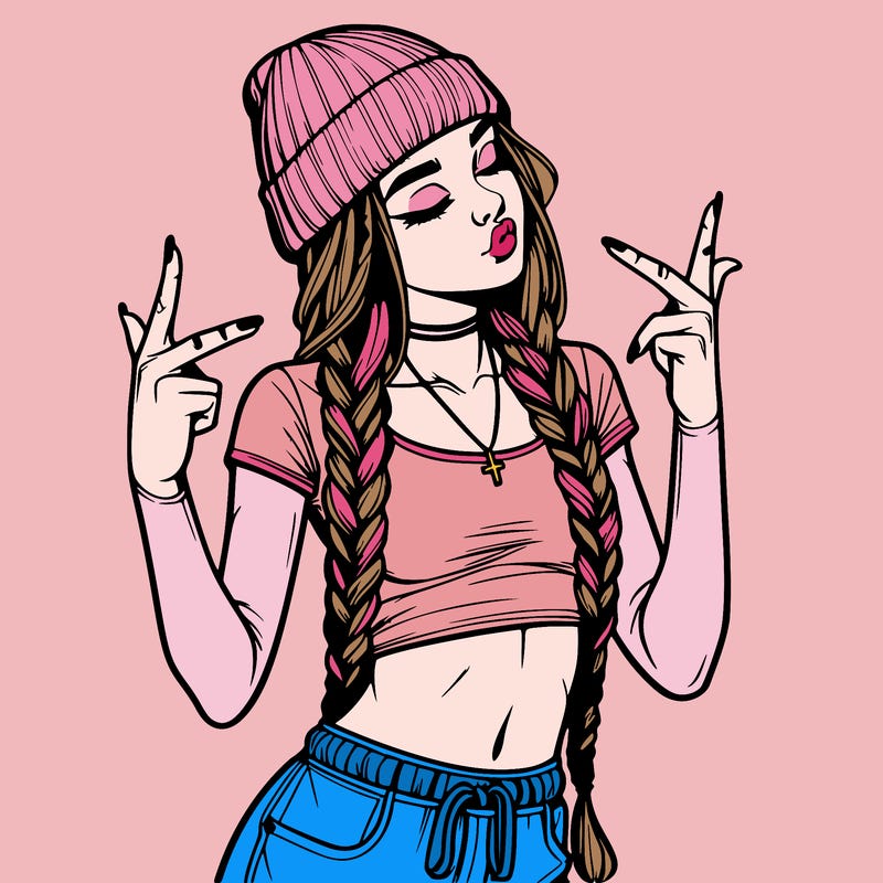 realistic teenage girl with braids and a beanie and crop top doing 🫶🏼