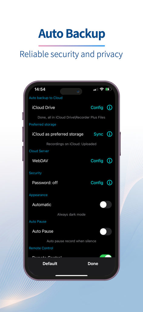 Recorder Plus - Audio Editor - Recorder Plus app interface displaying cloud backup and security configuration options.
