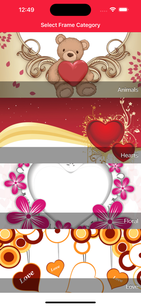 Love Photo Frames & Collage - Interface showing various categories of love photo frames like hearts and flowers