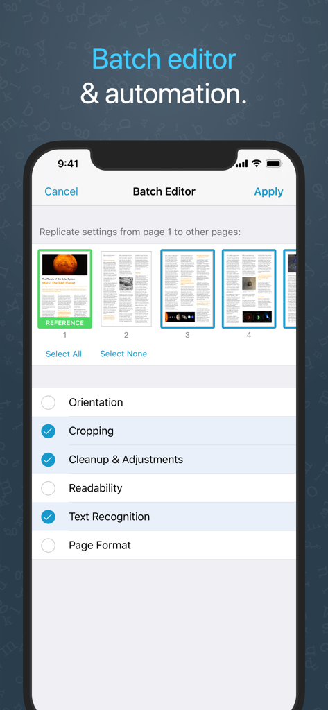 Prizmo › Edu/Biz (Volume Ed.) - Interface of Prizmo app showing the batch editor feature to apply settings like cropping and text recognition to multiple document pages at once.