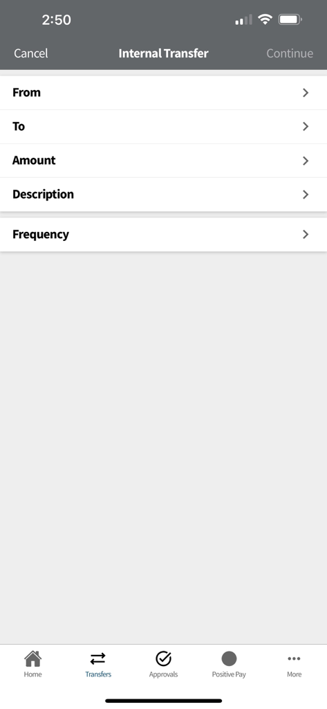 Cathay Bank Business Mobile - Cathay Bank Business Mobile internal transfer screen with fields for source, destination, amount, and frequency