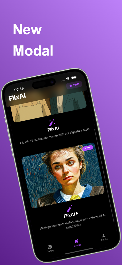 Flix AI - Flix AI app interface showing different artistic AI transformation models for photos
