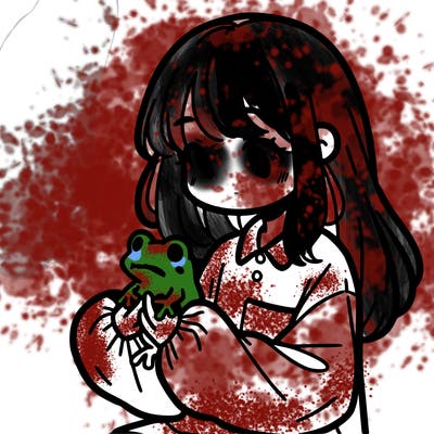 girl with long hair and a oversized shirt. and she is holding a frog