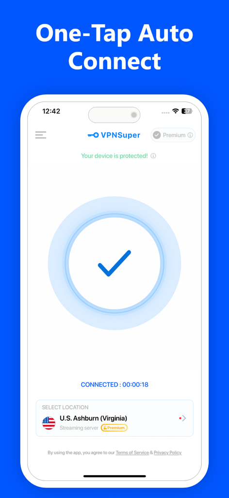 Tela do iPhone mostrando a interface do aplicativo VPN com um botão de conexão automática de um toque e um status de conexão segura.
