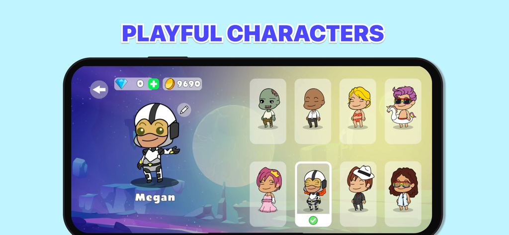 Pantalla de selección de personajes en Trivia Chat mostrando varios avatares juguetones.