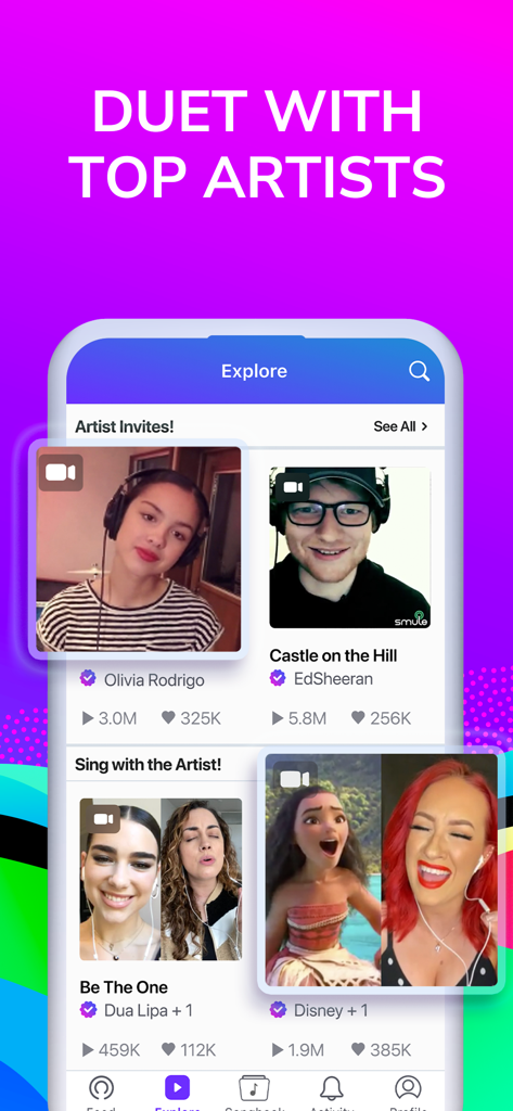Smule app screenshot showing options to duet with famous artists like Olivia Rodrigo and Ed Sheeran