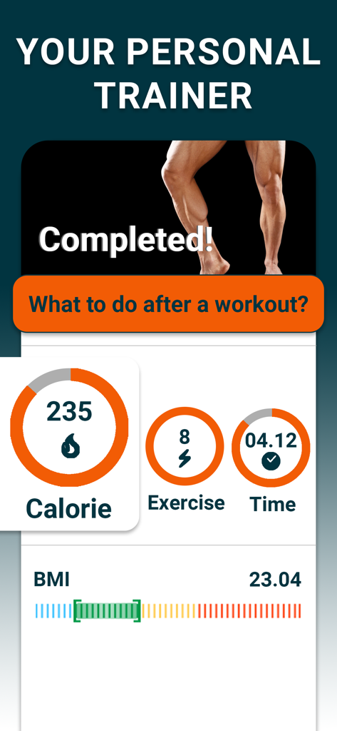 消費カロリー、完了したエクササイズ、合計時間、および男性向けのBMIトラッカーを表示するワークアウト完了画面。