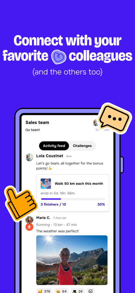 Interface de l'application United Heroes montrant un fil d'activité d'équipe commerciale avec des défis de fitness et des interactions sociales.
