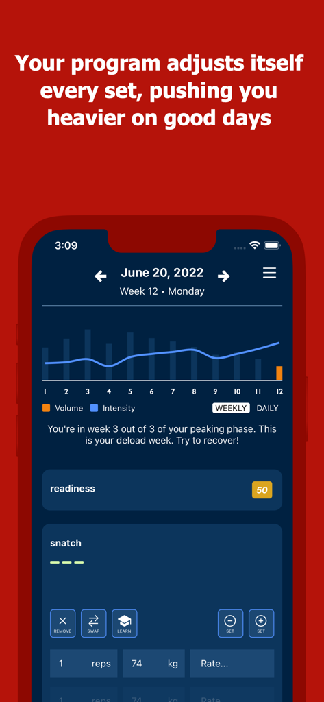 Weightlifting.ai - Weightlifting.ai mobile app interface showing a dynamic training program with a volume and intensity graph and snatch exercise tracking.