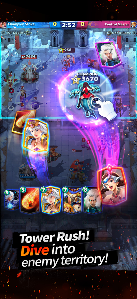 Champion Strike - PVP Arena - Real-time strategy gameplay of Champion Strike featuring manual champion control in a PvP arena battle.