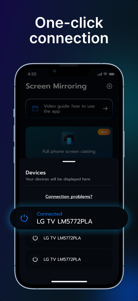 Screen Mirroring Miracast Easy App zeigt eine Ein-Klick-Drahtlosverbindung zu einem LG Smart TV