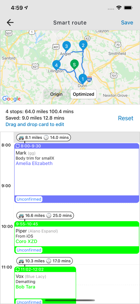 Map view showing optimized driving routes and appointment schedule for mobile pet groomers.