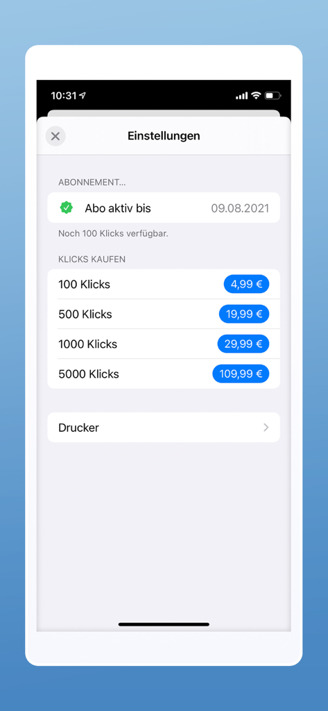 Pantalla de configuración de Z1 Label Factory que muestra el estado de la suscripción y las opciones para comprar créditos de impresión