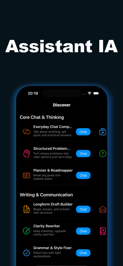 AIChatUltraアプリインターフェース、チャットやライティングのためのさまざまなAIアシスタントカテゴリを表示