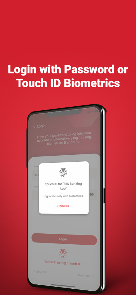 SBS Banking App - SBS Banking App Anmeldebildschirm mit einer Touch ID biometrischen Aufforderung für sicheren Zugriff