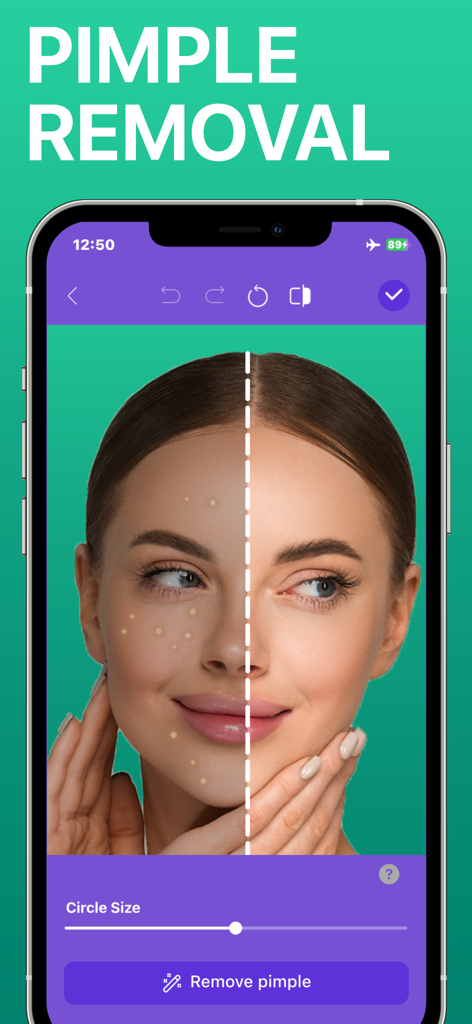 BeautyTune - Blemish Remover - Comparación de antes y después de la función de eliminación de granos en el rostro de una mujer en la aplicación BeautyTune.