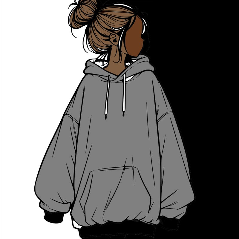 realistic girl with a oversized sweatshirt on and a bun