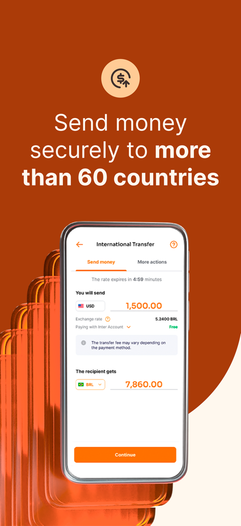 Inter app interface for sending money securely to over 60 countries featuring a USD to BRL currency conversion screen.